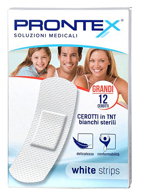 CEROTTO PRONTEX WHITE STRIPS IN TESSUTO NON TESSUTO BIANCO STERILE SCATOLA 12 CEROTTI GRANDI - Antica Farmacia Ferrari