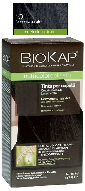 BIOKAP NUTRICOLOR DELICATO 1,0 NERO NATURALE TINTA TUBO + FLACONE - Antica Farmacia Ferrari