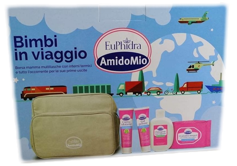 EUPHIDRA AMIDOMIO BORSA BIMBI VIAGGIO GEL POLVERE 50ML + DETERGENTE NON SAPONE 200ML + CREMA IDRATANTE 50ML + SALVIETTINE 20 PEZZI - Antica Farmacia Ferrari