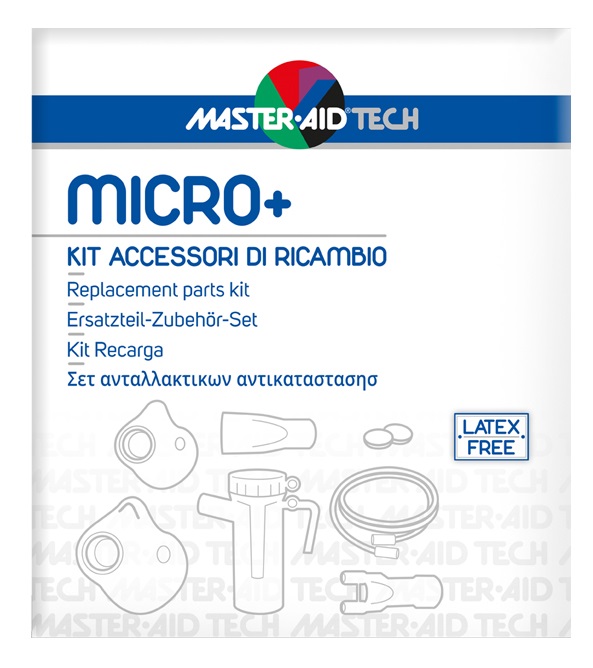 MASTER AID TECH MICRO+ KIT ACCESSORI DI RICAMBIO: AMPOLLA + MASCHERA ADULTI + MASCHERA BAMBINI + 2 FILTRI ARIA + BOCCAGLIO + FORCELLA NASALE + TUBO RACCORDO PVC - Antica Farmacia Ferrari