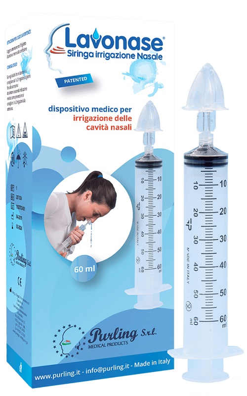 LAVONASE IRRIGAZIONE NASALE NON STERILE SIRINGA 60 ML + LUER-LOCK CON CAPPUCCIO + UGELLO NASALE CON RACCORDO LUER-LOCK + PERFORATORE CON VALVOLA NON RITORNO CON TAPPO - Antica Farmacia Ferrari