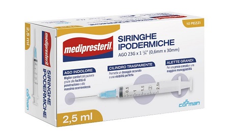 SIRINGA IPODERMICA MEDIPRESTERIL AGO 23 GAUGE 1 1/4 0,6X30MM 2,5 ML 10 PEZZI - Antica Farmacia Ferrari