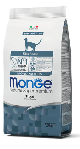 MONGE CAT STERILIZED MONOPROTEIN TROTA 1,5 KG - Antica Farmacia Ferrari