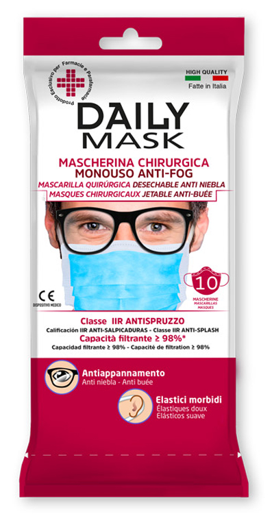 MASCHERINA CHIRURGICA MONOUSO ANTI-FOG DAILY MASK TIPO IIR TRE TNT STRATI ANTISPRUZZO 10 PEZZI - Antica Farmacia Ferrari