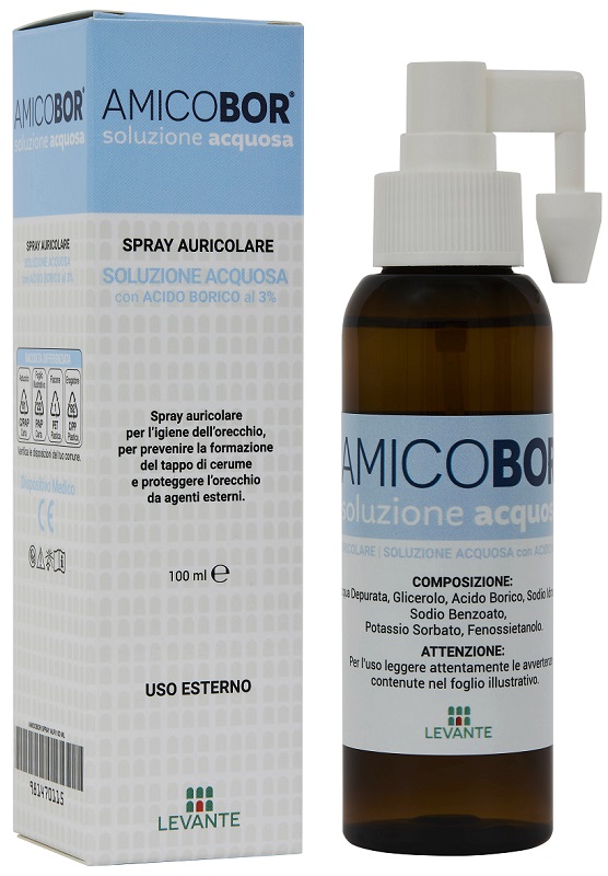 SOLUZIONE ACQUOSA PER IRRIGAZIONE DELL'ORECCHIO AMICOBOR 100 ML - Antica Farmacia Ferrari