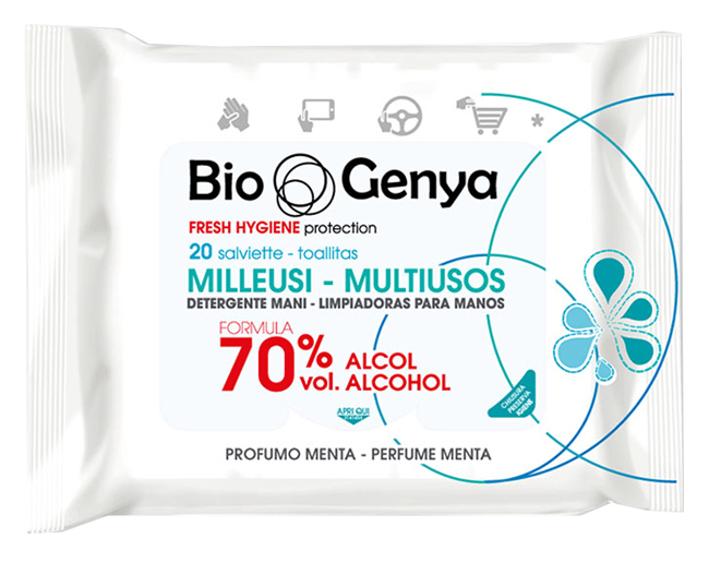 BIOGENYA MILLEUSI IGIENIZZANTI 70% ALCOOL SALVIETTE 20 PEZZI - Antica Farmacia Ferrari