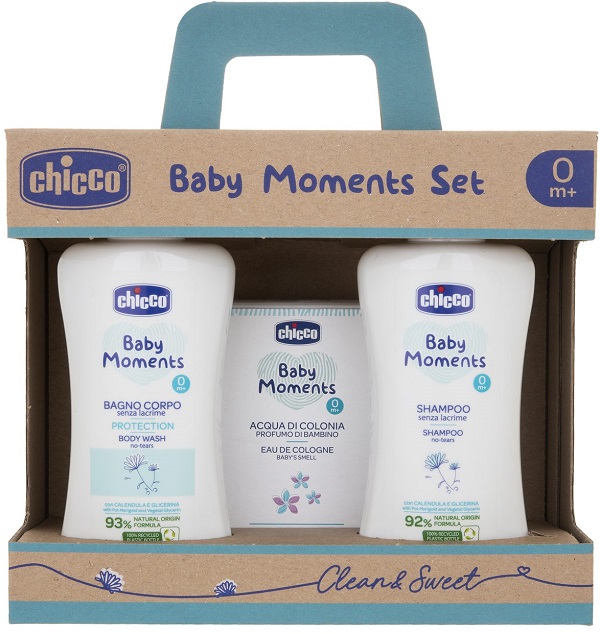 CHICCO BABY MOMENTS SET BAGNOSCHIUMA PELLI DELICATE 200 ML + SHAMPOO PELLI DELICATE 200 ML + ACQUA DI COLONIA BABY SMELL PELLI DELICATE 100 ML - Antica Farmacia Ferrari