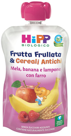 HIPP BIO FRUTTA FRULLATA&CEREALI ANTICHI MELA BANANA LAMPONE FARRO 90 G - Antica Farmacia Ferrari