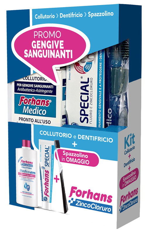 FORHANS KIT GENGIVE SANGUINANTI 1 FORHANS COLLUTORIO MEDICO 250 ML + 1 FORHANS DENTIFRICIO SPECIAL 75 ML + 1 FORHANS SPAZZOLINO MEDICO IN OMAGGIO - Antica Farmacia Ferrari