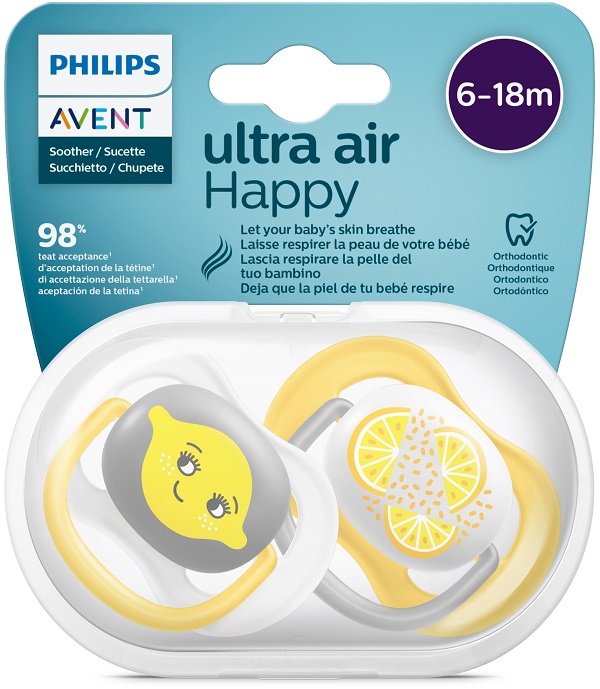 AVENT ULTRA AIR CIUCCIO ORTODONTICO 6-18 MESI NEUTRO/LIMONI 2 PEZZI - Antica Farmacia Ferrari