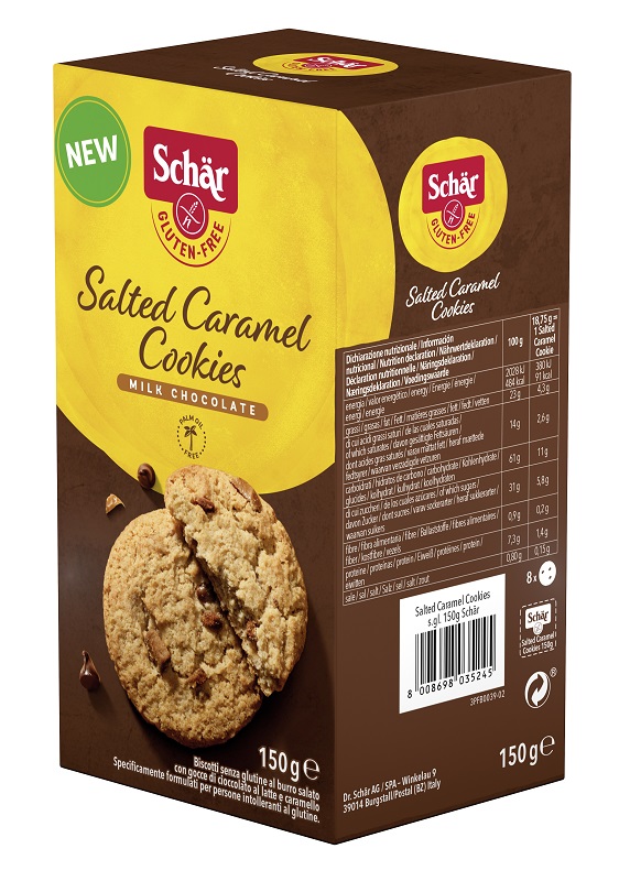 SCHAR SALTED CARAMEL COOKIES CON GOCCE DI CIOCCOLATO AL LATTE E CARAMELLO 150 G - Antica Farmacia Ferrari
