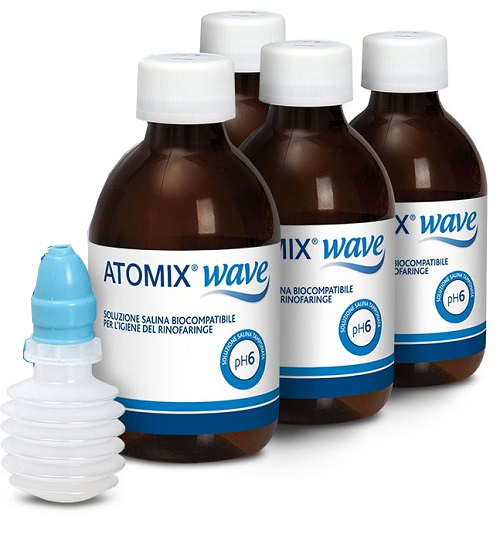 ATOMIX WAVE DISPOSITIVO PER IGIENE RINOFARINGEA ATOMIX SOLUZIONE SALINA 4 FLACONI DA 250 ML - Antica Farmacia Ferrari