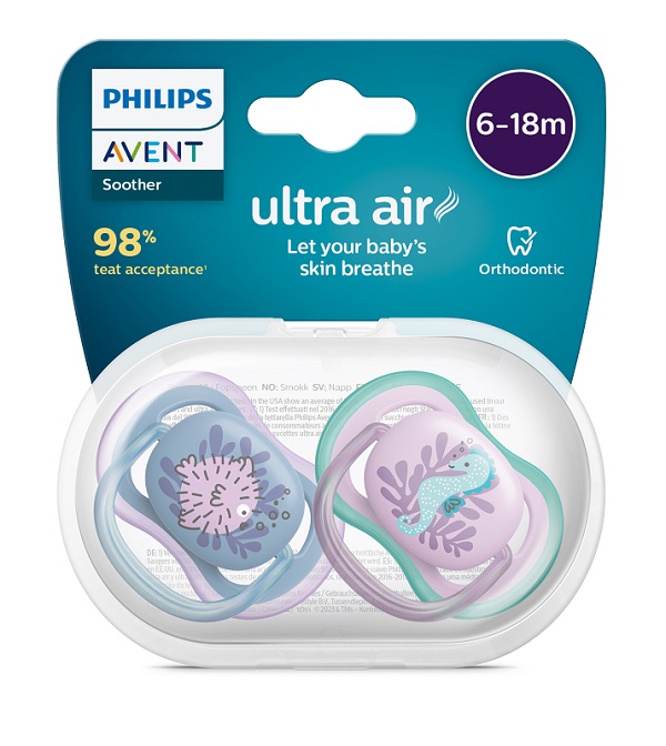 AVENT ULTRA AIR CIUCCIO ORTODONTICO 6-18 MESI PESCE PALLA/CAVALLUCCIO MARINO 2 PEZZI - Antica Farmacia Ferrari