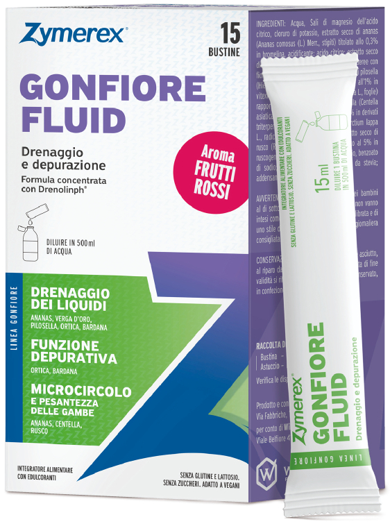 ZYMEREX GONFIORE FLUID FRUTTI ROSSI 15 BUSTINE DA 15 ML CON EDULCORANTI SENZA ZUCCHERI SENZA GLUTINE SENZA LATTOSIO - Antica Farmacia Ferrari