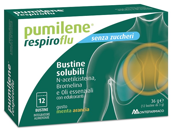 PUMILENE RESPIROFLU SENZA ZUCCHERO 12 BUSTINE GUSTO MENTA ARANCIA 36 G - Antica Farmacia Ferrari