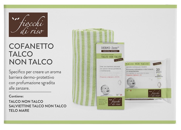 FIOCCHI DI RISO COFANETTO TALCO NON TALCO 1 EMULSIONE TALCO NON TALCO 120 ML + 1 SALVIETTE TALCO NON TALCO + 1 TELO MARE - Antica Farmacia Ferrari